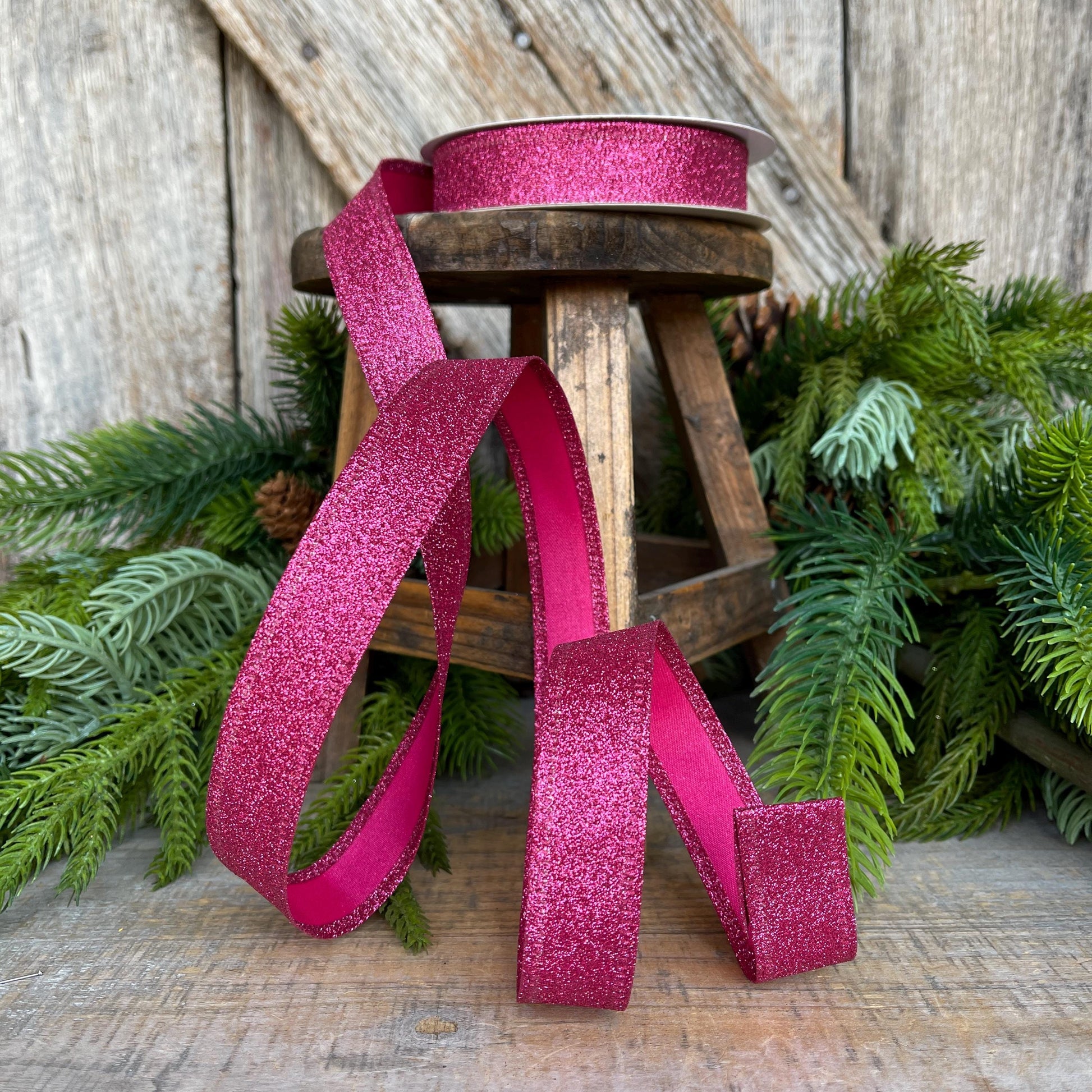 7/8" Hot Pink Glitter Ribbon, Wired Ribbon, Hot Pink RIbbon