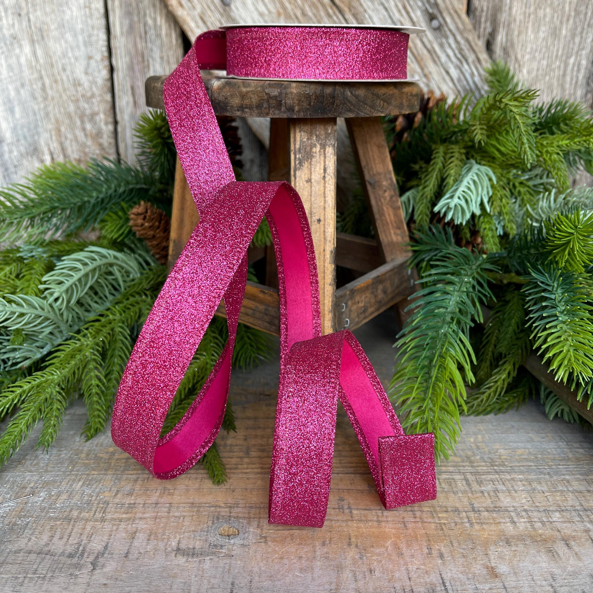 7/8" Hot Pink Glitter Ribbon, Wired Ribbon, Hot Pink RIbbon