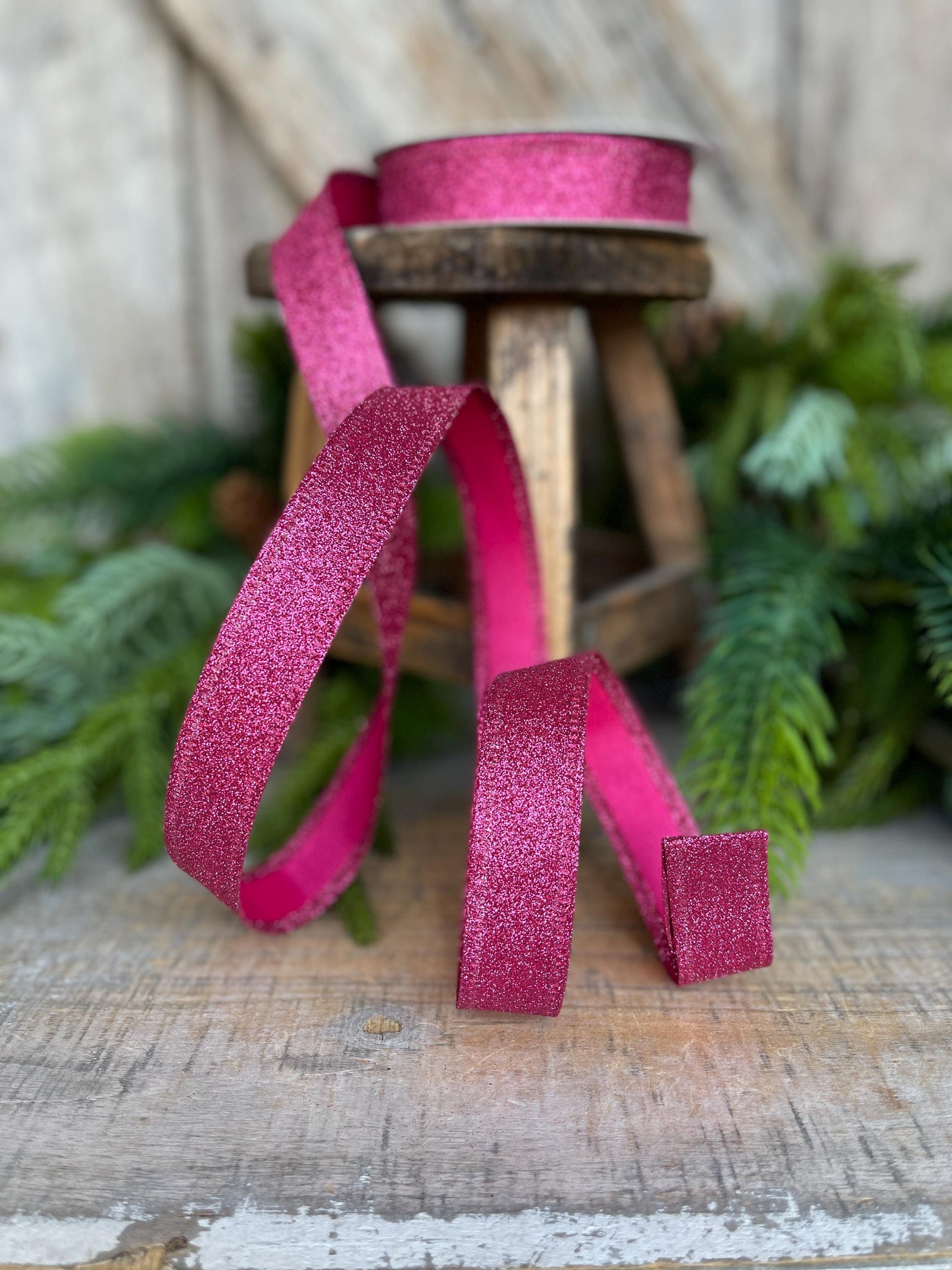 7/8" Hot Pink Glitter Ribbon, Wired Ribbon, Hot Pink RIbbon