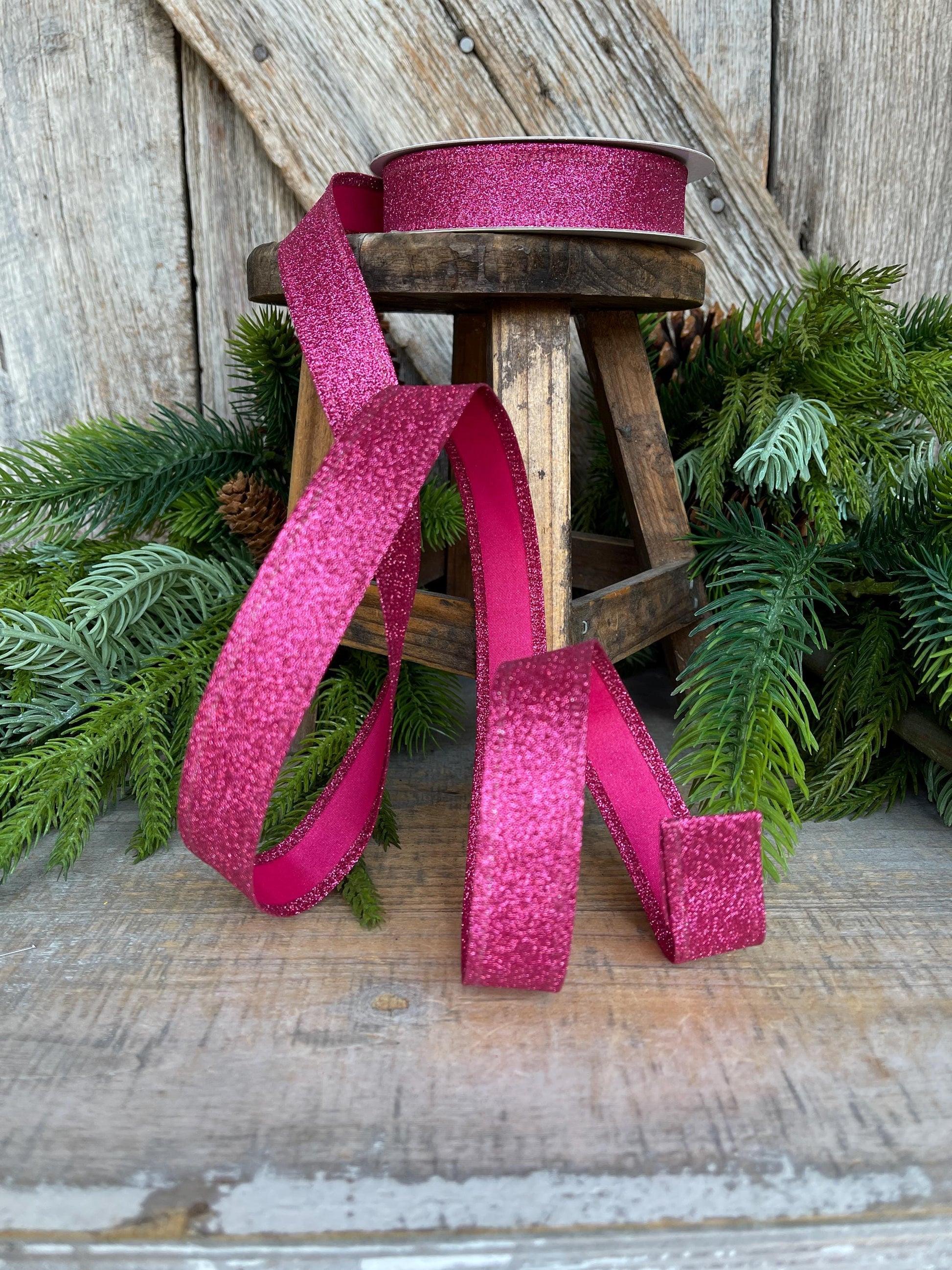 7/8" Hot Pink Glitter Ribbon, Wired Ribbon, Hot Pink RIbbon