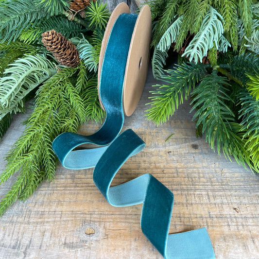 1" Teal Unwired Velvet Ribbon, Christmas Bow Ribbon, Peacock Velvet Ribbon, Christmas Tree Ribbon
