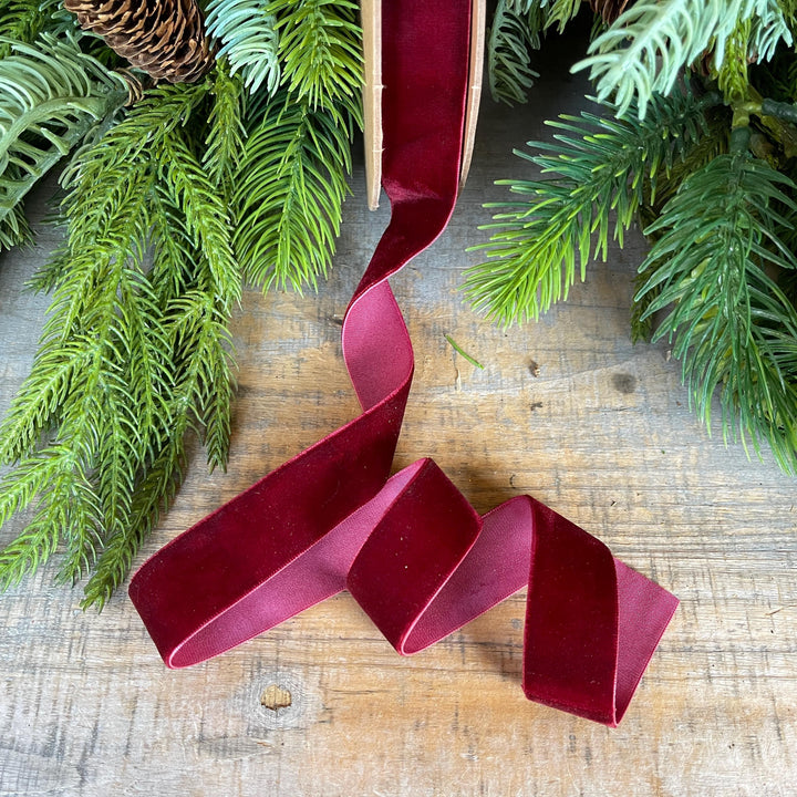 1" Burgundy Unwired Velvet Ribbon, Christmas Bow Ribbon, Maroon Velvet Ribbon