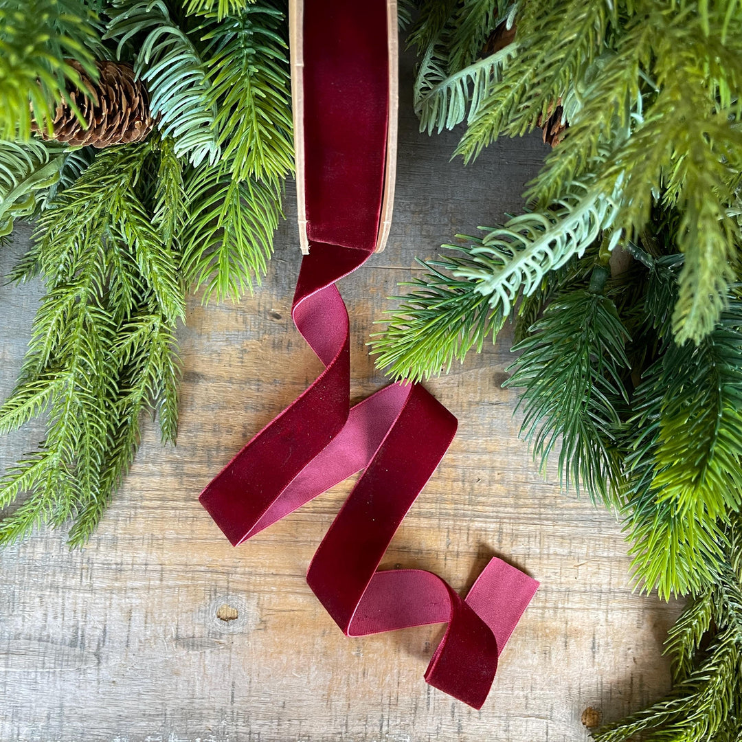 1" Burgundy Unwired Velvet Ribbon, Christmas Bow Ribbon, Maroon Velvet Ribbon
