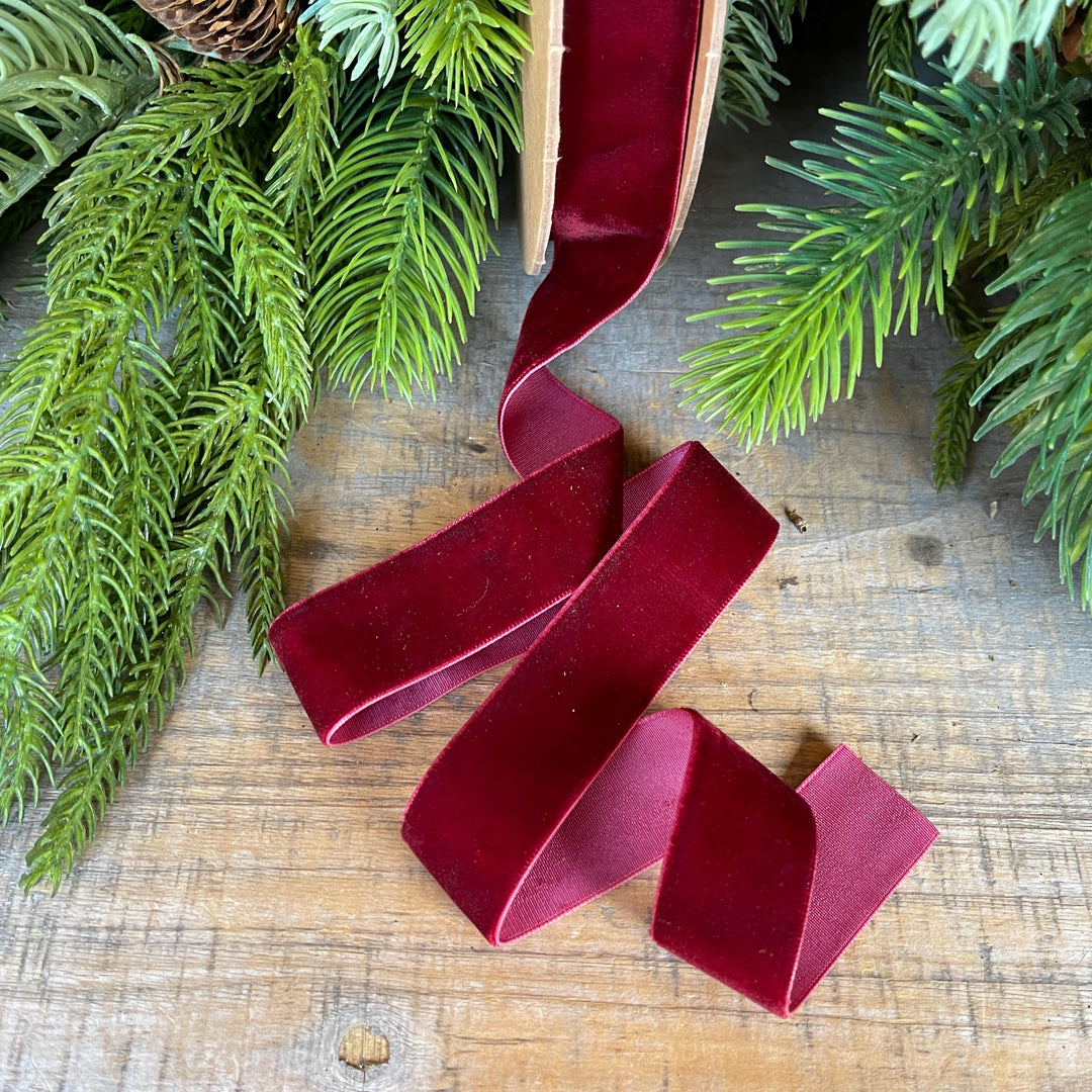 1" Burgundy Unwired Velvet Ribbon, Christmas Bow Ribbon, Maroon Velvet Ribbon