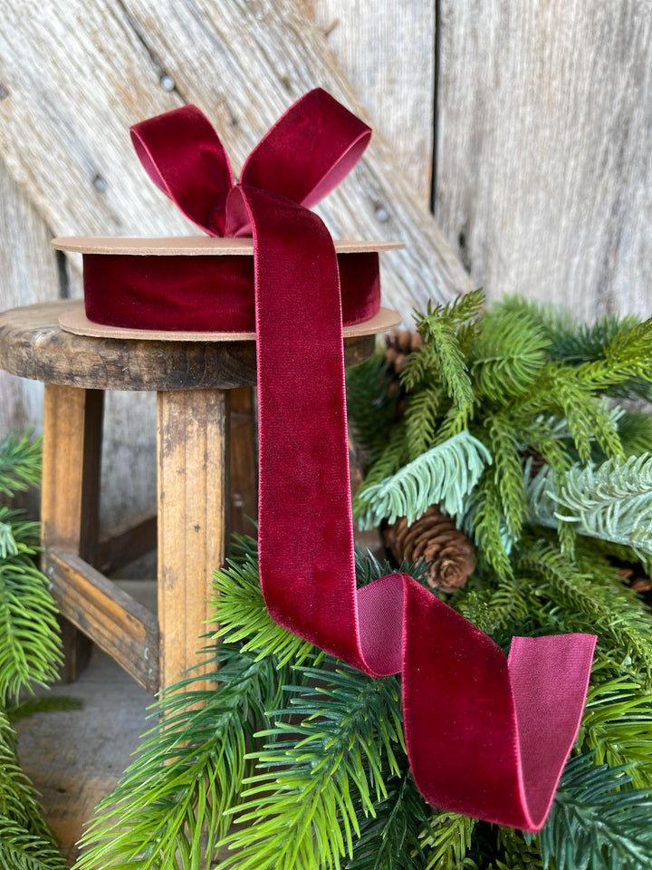 1" Burgundy Unwired Velvet Ribbon, Christmas Bow Ribbon, Maroon Velvet Ribbon