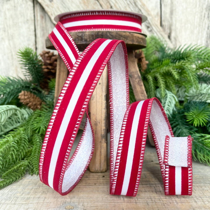 1" Red White Ribbon, Farrisilk Ribbon, Sugar Stripes Ribbon
