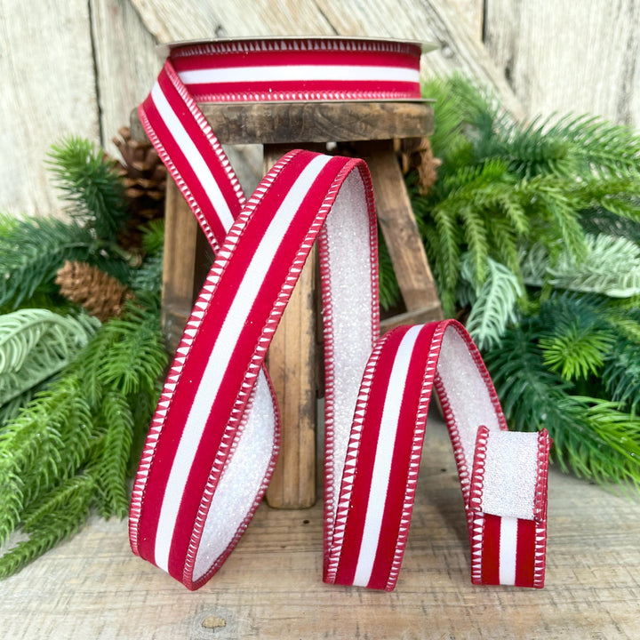 1" Red White Ribbon, Farrisilk Ribbon, Sugar Stripes Ribbon