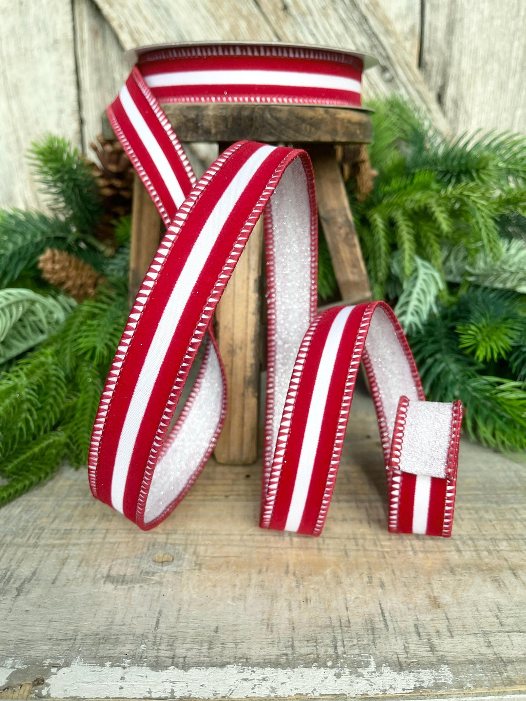 1" Red White Ribbon, Farrisilk Ribbon, Sugar Stripes Ribbon