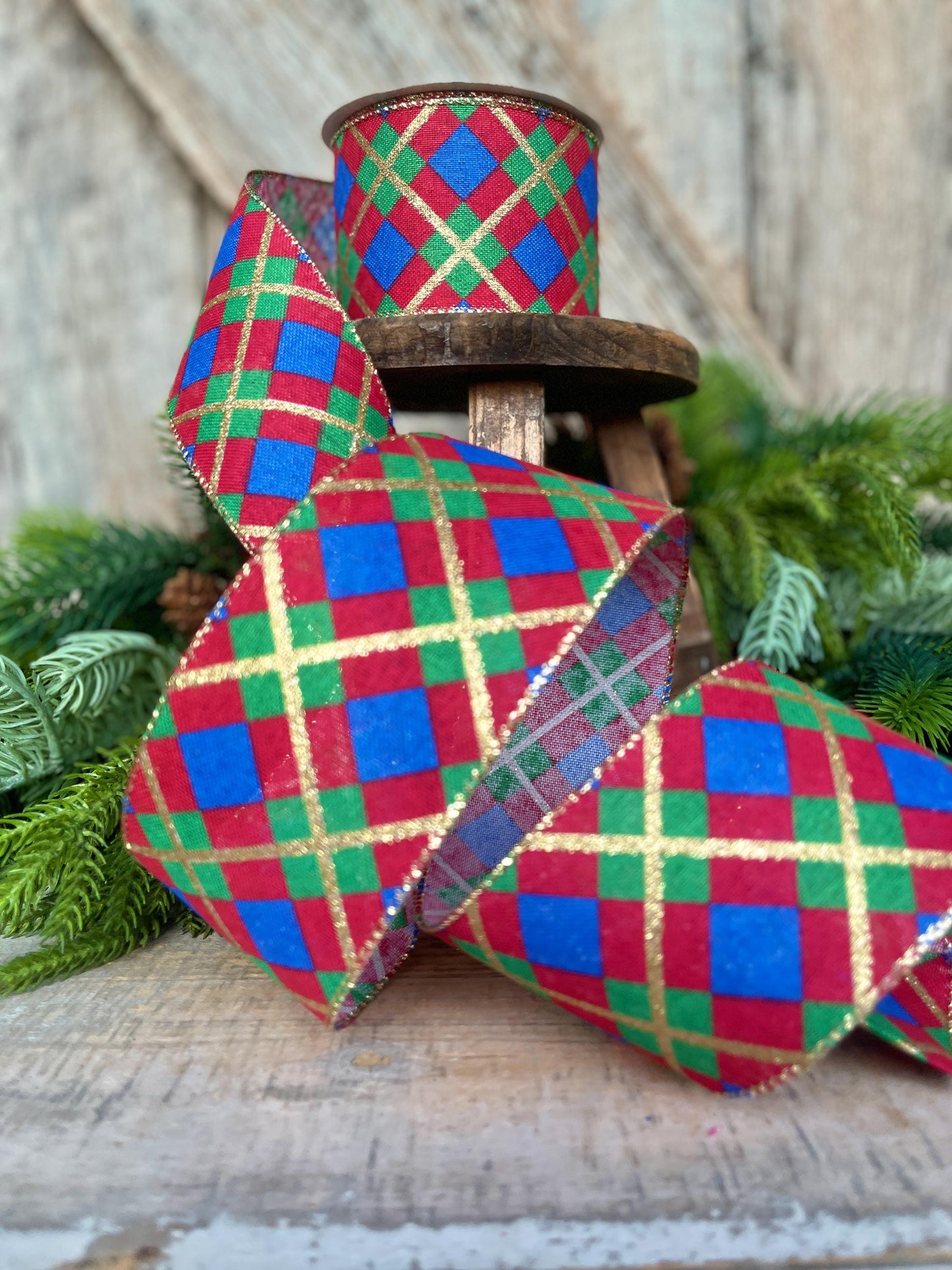 2.5" Blue Christmas Plaid Ribbon, Red Blue Green Gold Georgina Plaid Ribbon, Christmas plaid Ribbon, Christmas Tree Ribbon