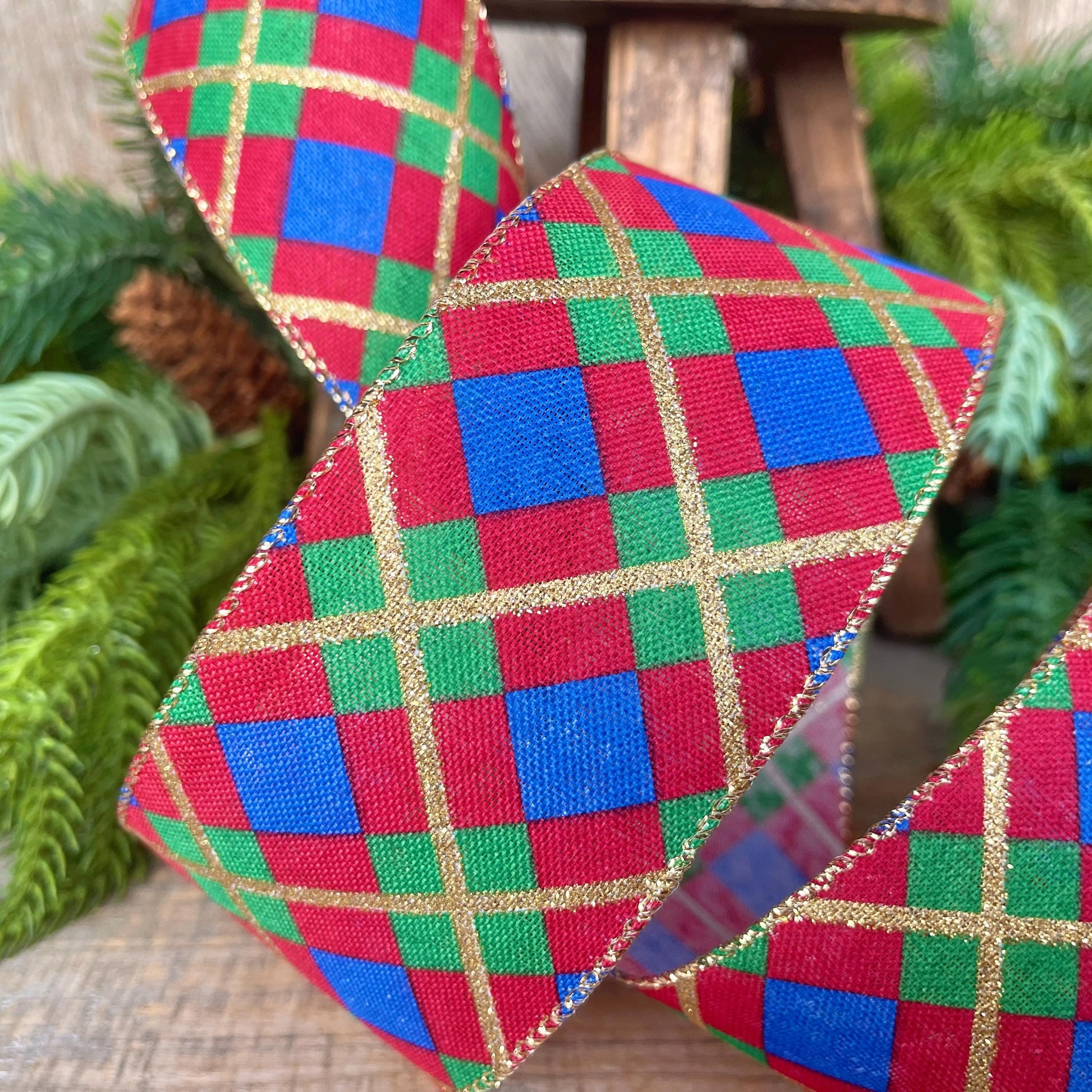 2.5" Blue Christmas Plaid Ribbon, Red Blue Green Gold Georgina Plaid Ribbon, Christmas plaid Ribbon, Christmas Tree Ribbon