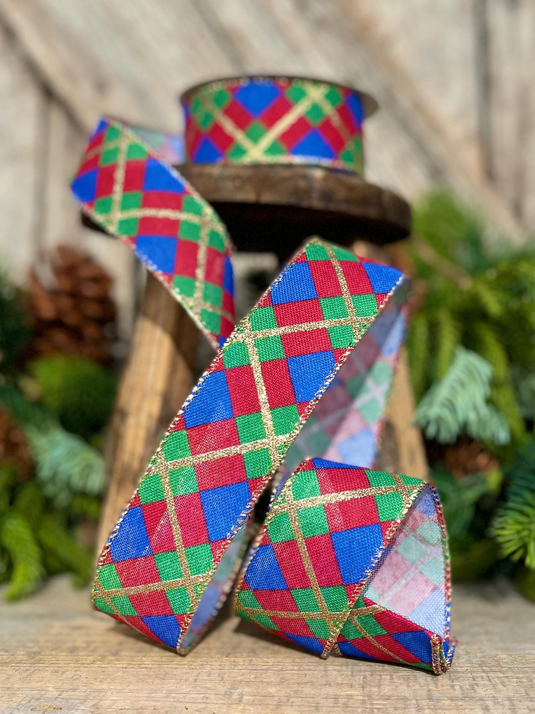 1.5" Blue Christmas Plaid Ribbon, Red Blue Green Gold Georgina Plaid Ribbon, Christmas plaid Ribbon, Christmas Tree Ribbon