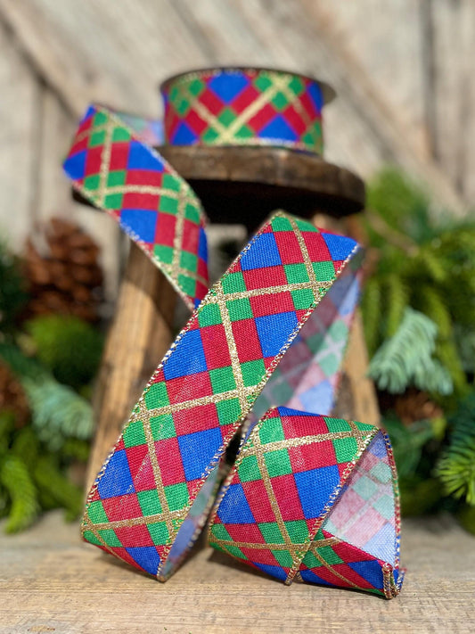 1.5" Blue Christmas Plaid Ribbon, Red Blue Green Gold Georgina Plaid Ribbon, Christmas plaid Ribbon, Christmas Tree Ribbon