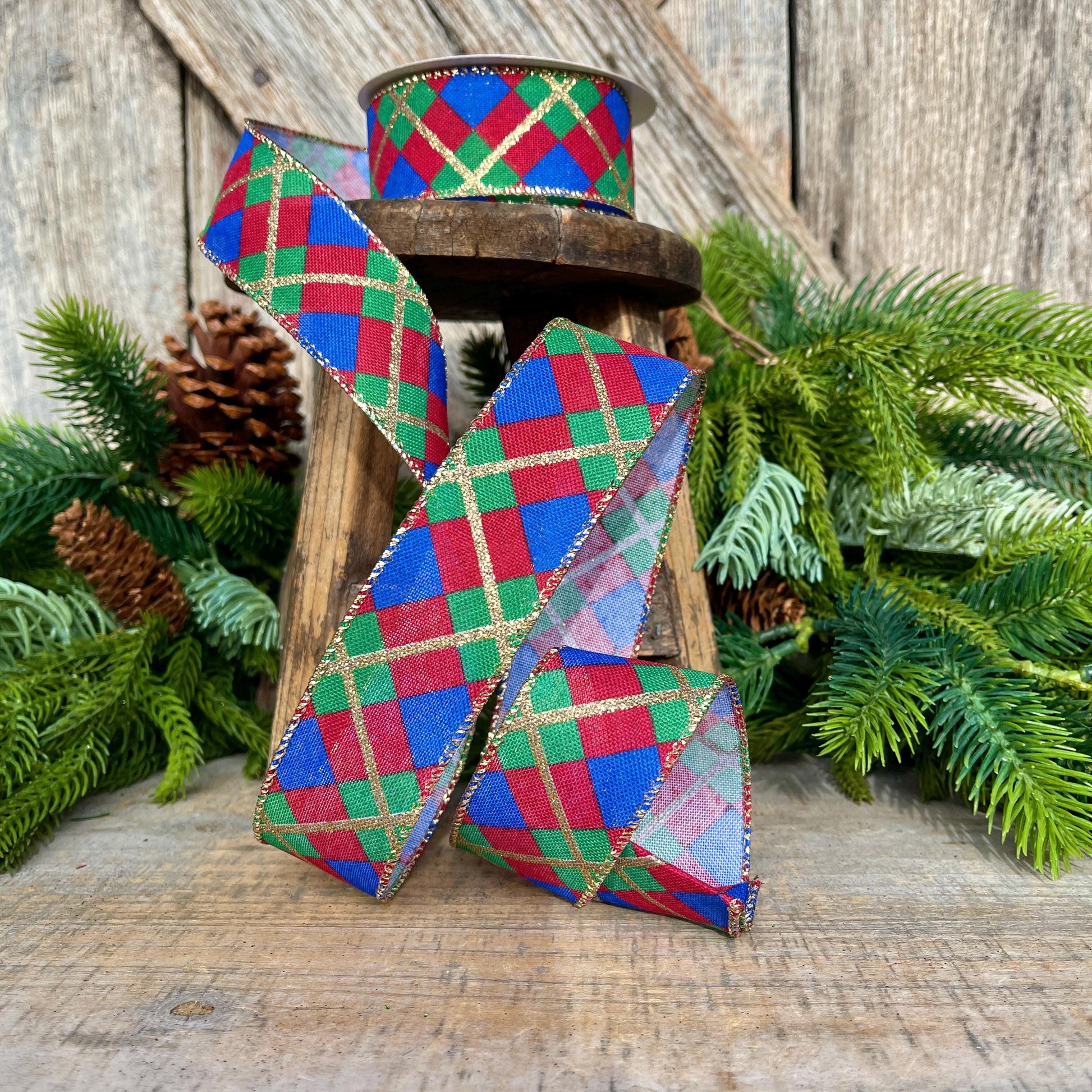 1.5" Blue Christmas Plaid Ribbon, Red Blue Green Gold Georgina Plaid Ribbon, Christmas plaid Ribbon, Christmas Tree Ribbon