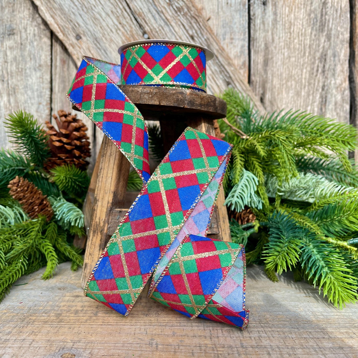 1.5" Blue Christmas Plaid Ribbon, Red Blue Green Gold Georgina Plaid Ribbon, Christmas plaid Ribbon, Christmas Tree Ribbon