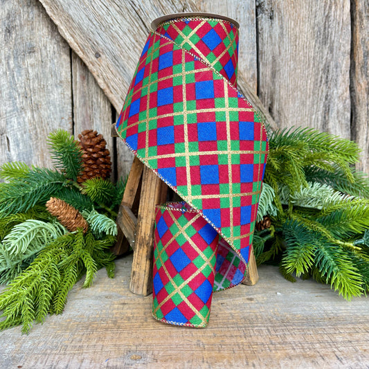 4" Blue Christmas Plaid Ribbon, Red Blue Green Gold Georgina Plaid Ribbon, Christmas plaid Ribbon, Christmas Tree Ribbon