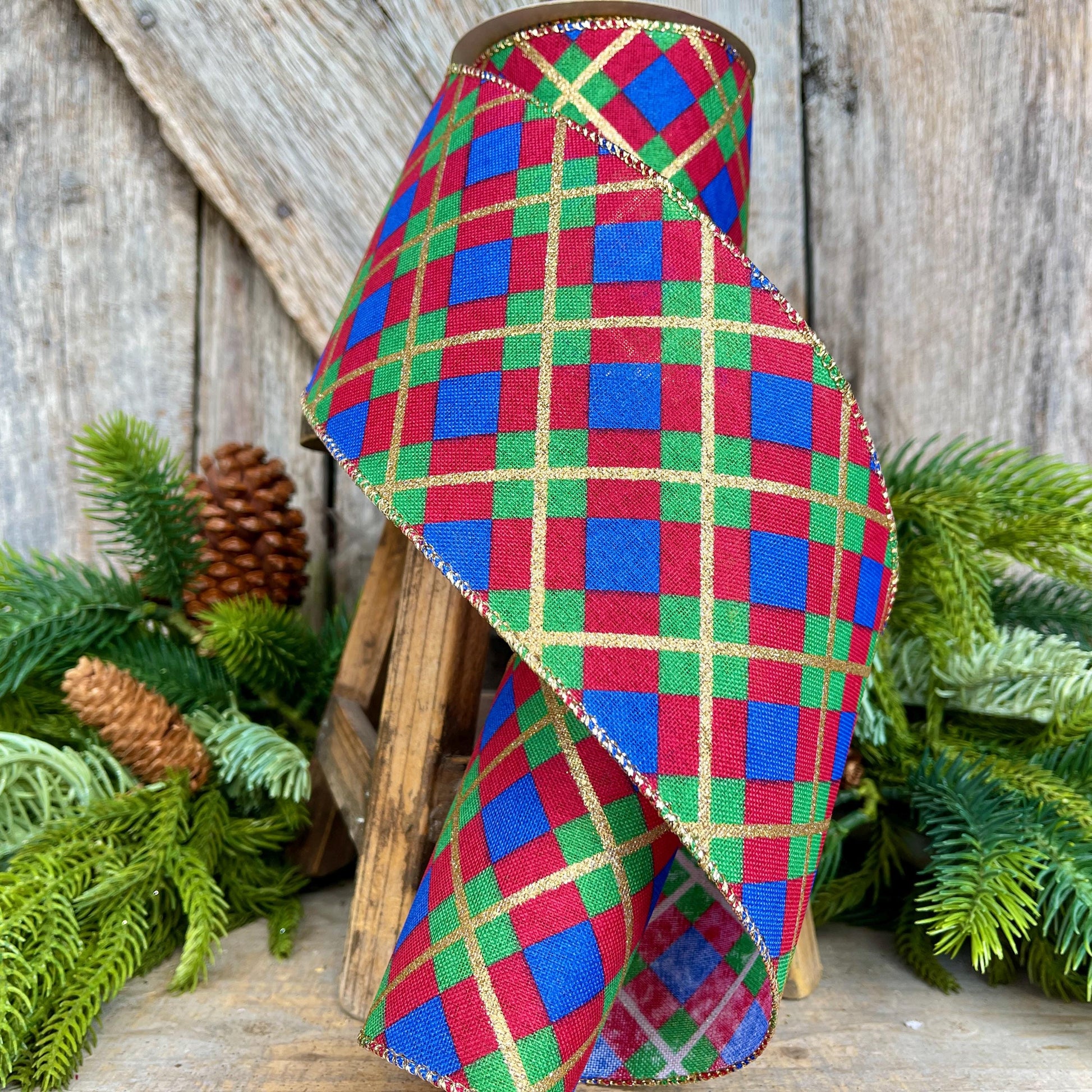 4" Blue Christmas Plaid Ribbon, Red Blue Green Gold Georgina Plaid Ribbon, Christmas plaid Ribbon, Christmas Tree Ribbon
