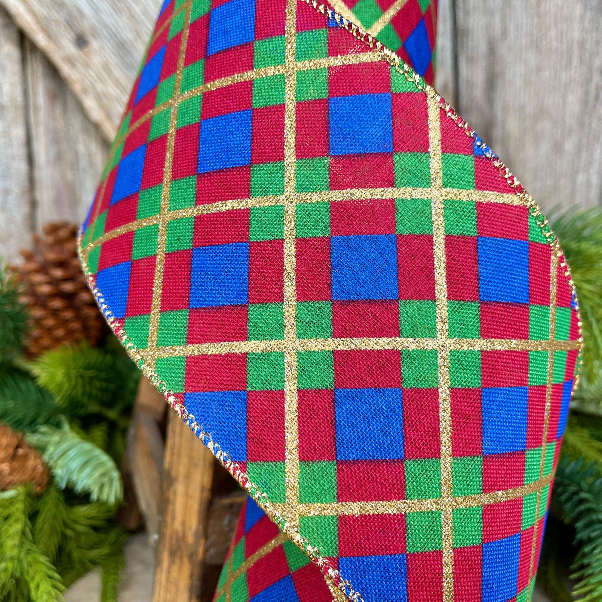 4" Blue Christmas Plaid Ribbon, Red Blue Green Gold Georgina Plaid Ribbon, Christmas plaid Ribbon, Christmas Tree Ribbon