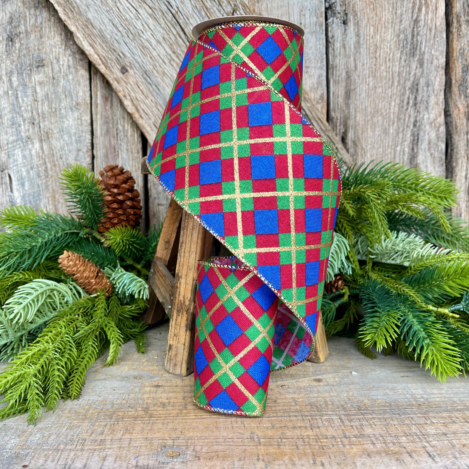 4" Blue Christmas Plaid Ribbon, Red Blue Green Gold Georgina Plaid Ribbon, Christmas plaid Ribbon, Christmas Tree Ribbon