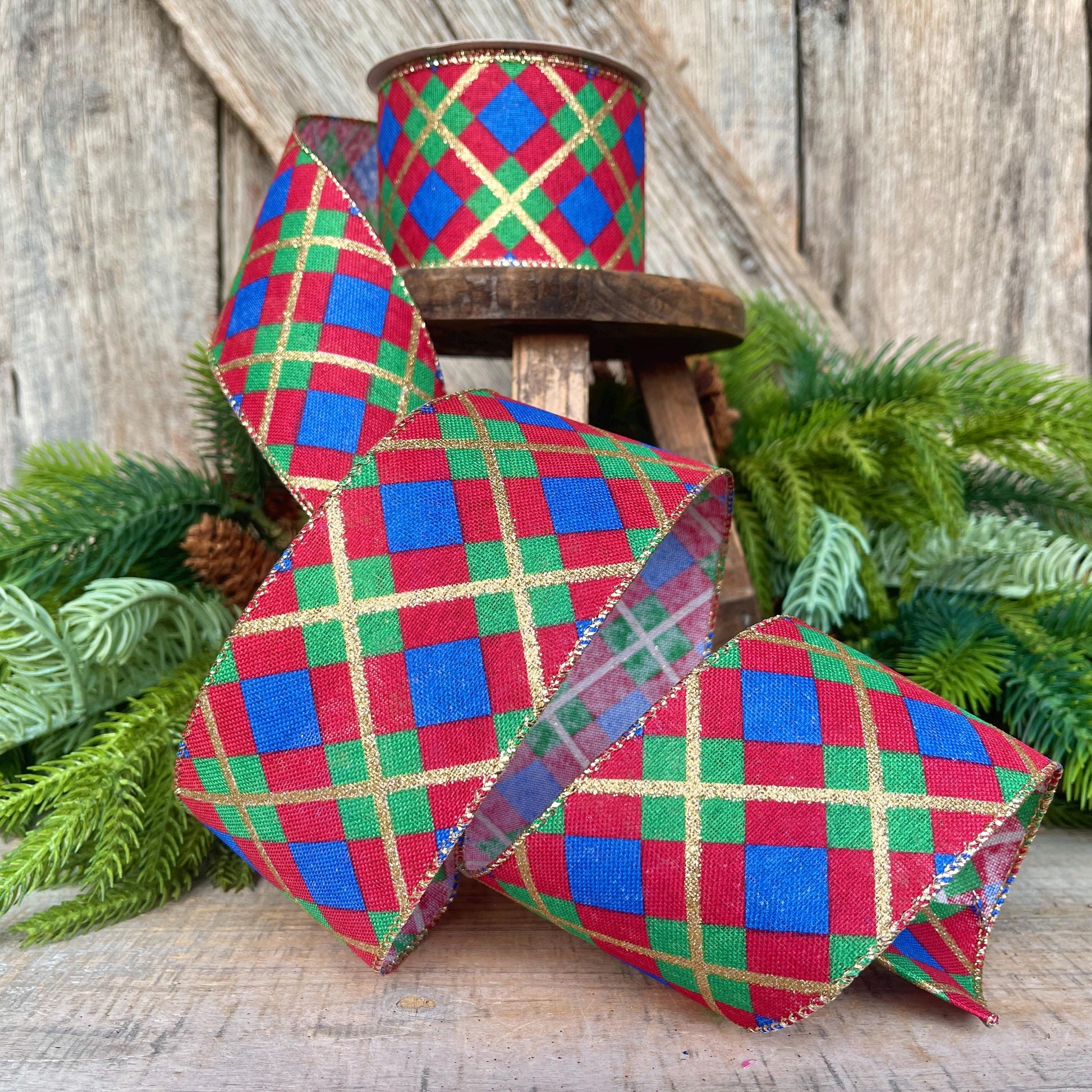 2.5" Blue Christmas Plaid Ribbon, Red Blue Green Gold Georgina Plaid Ribbon, Christmas plaid Ribbon, Christmas Tree Ribbon