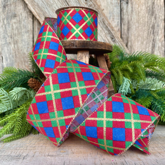 2.5" Blue Christmas Plaid Ribbon, Red Blue Green Gold Georgina Plaid Ribbon, Christmas plaid Ribbon, Christmas Tree Ribbon