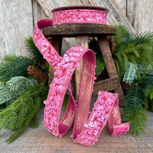 1" Pink Sequin Ribbon, Farrisilk Ribbon, Pink Jolly Sequin Ribbon, Pink Christmas Ribbon, Bubblegum Pink, RS178-14