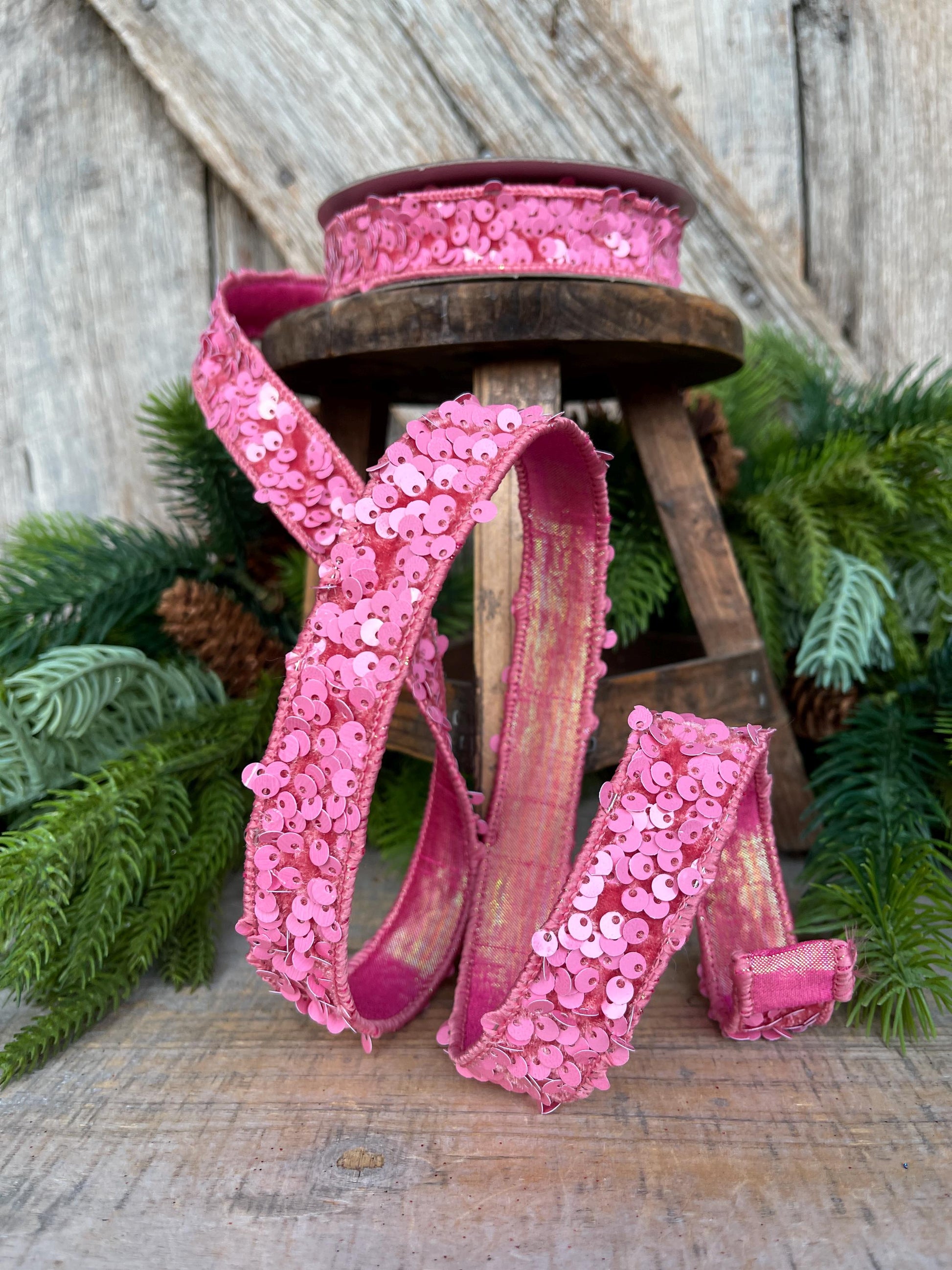 1" Pink Sequin Ribbon, Farrisilk Ribbon, Pink Jolly Sequin Ribbon, Pink Christmas Ribbon, Bubblegum Pink, RS178-14
