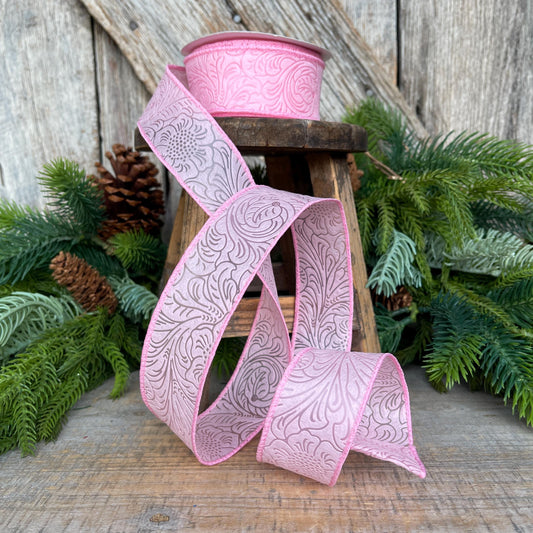 1.5" Light Pink Embossed Ribbon, Pink Ribbon, Christmas Ribbon