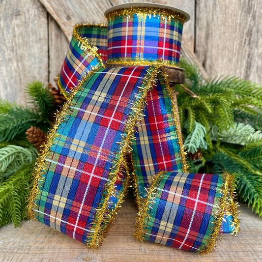 2.5" Blue Metallic Christmas Plaid Ribbon, Plaid Ribbon, Red Blue Green Gold Georgina Plaid Ribbon