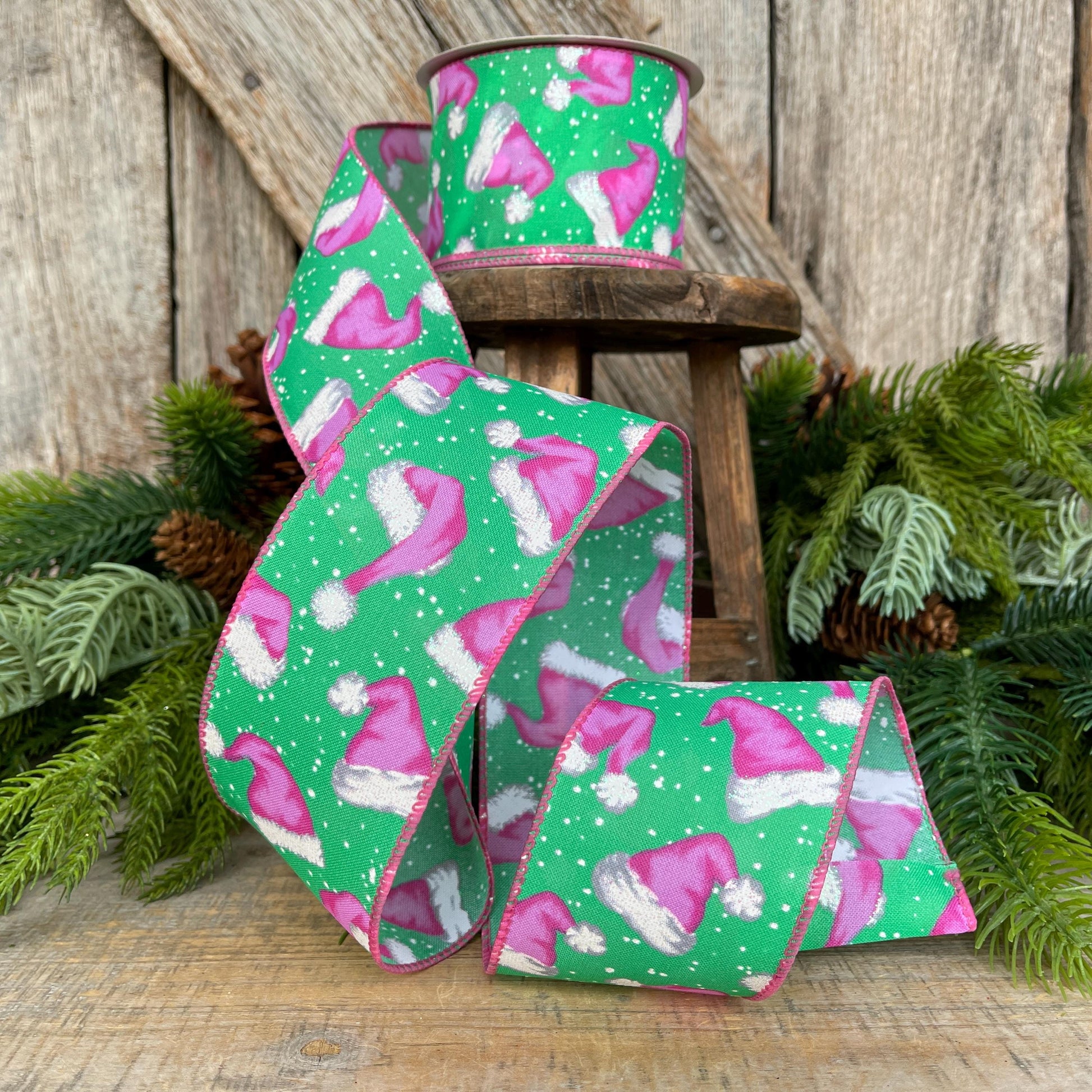2.5" Pink Santa Hat Ribbon, Mint & Pink Ribbon, Christmas Ribbon