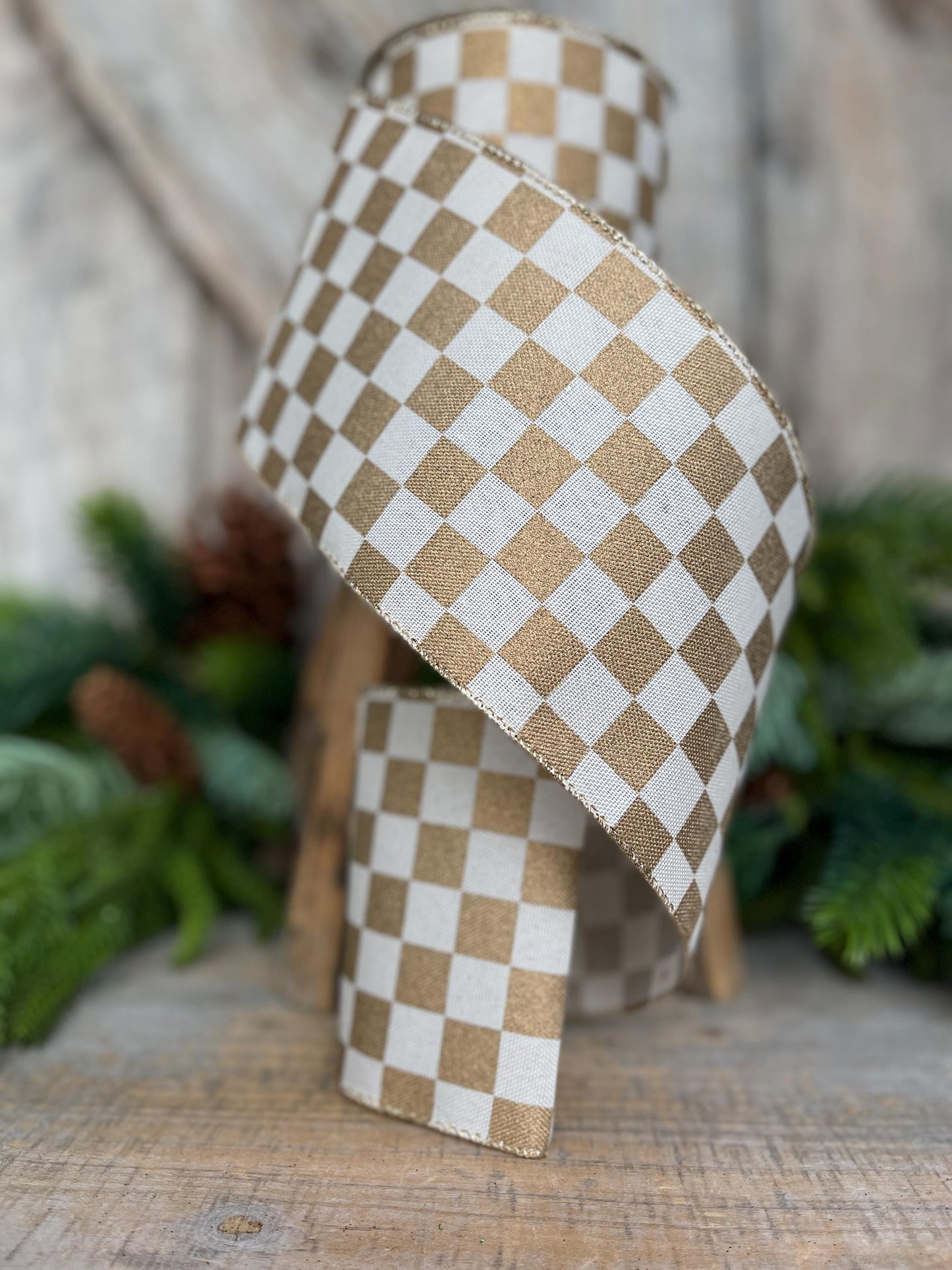 4" Gold Check Ribbon, Christmas Ribbon, Gold Ribbon, Checkered Ribbon, Christmas Tree Ribbon, Retro Check, 73553-04-15