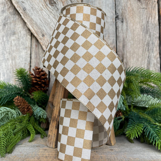 4" Gold Check Ribbon, Christmas Ribbon, Gold Ribbon, Checkered Ribbon, Christmas Tree Ribbon, Retro Check, 73553-04-15