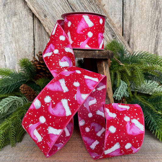 2.5" Pink Santa Hat Ribbon, Red & Pink Ribbon, Christmas Ribbon, Bubblegum Pink Ribbon, Pink Santa Ribbon, 72501-40-12