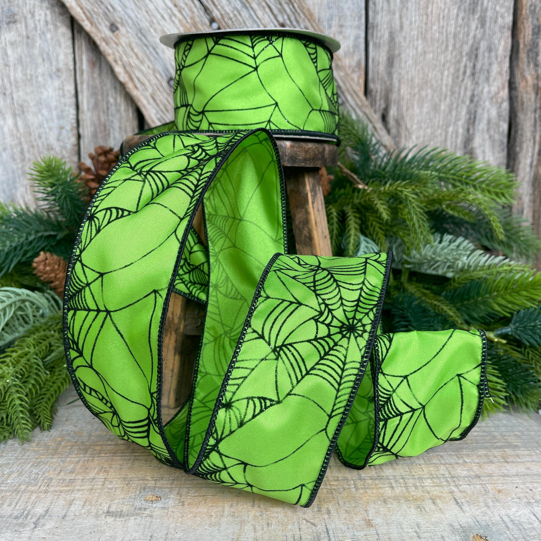 Lime Green Spider Web Ribbon - Wired Halloween Decor, 2.5"