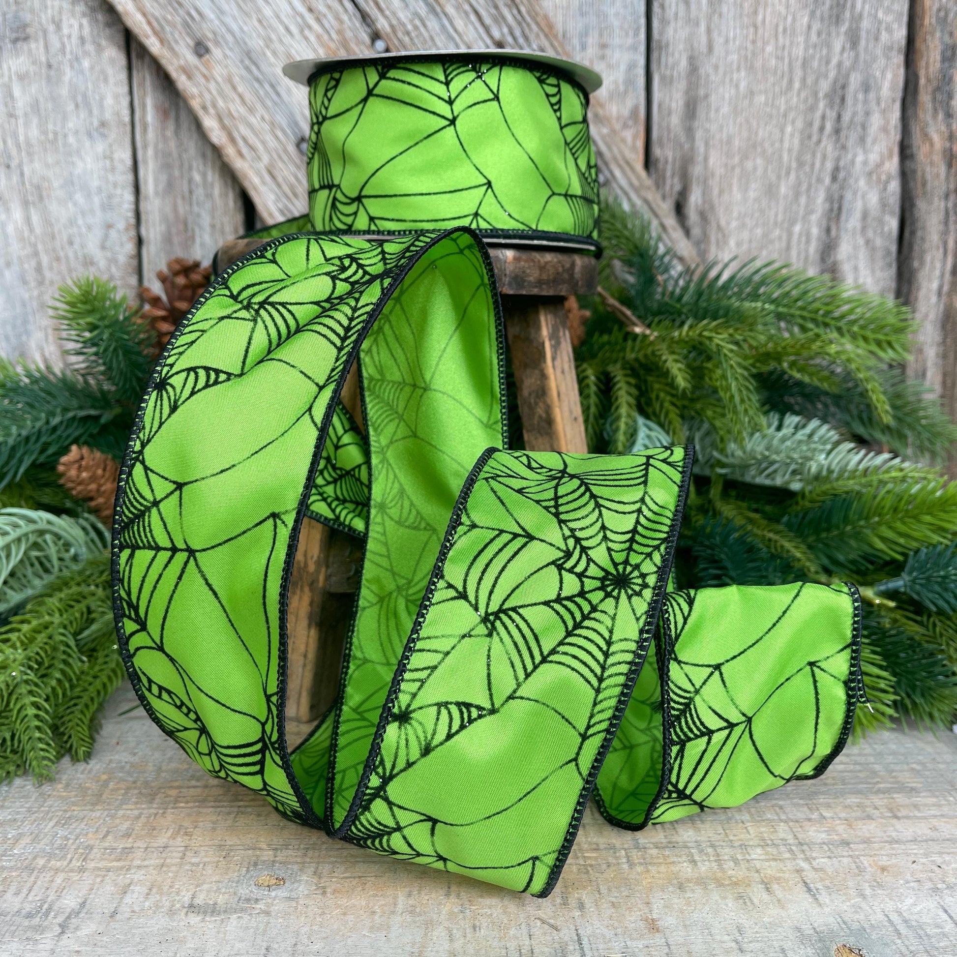 2.5" Lime Green Spooky Webs Ribbon, Farrisilk Ribbon, Halloween Ribbon