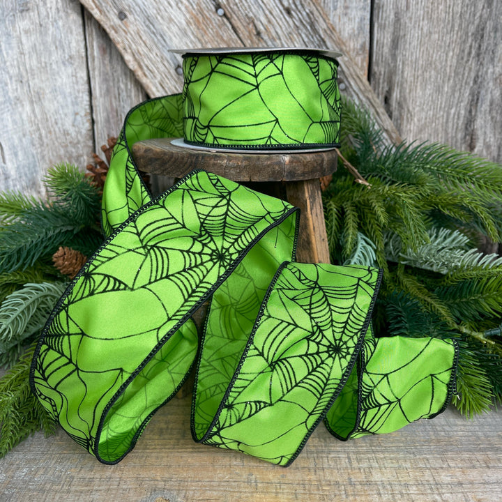 Lime Green Spider Web Ribbon - Wired Halloween Decor, 2.5"