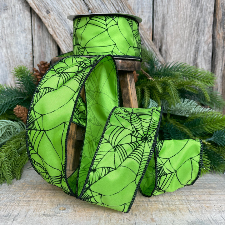 Lime Green Spider Web Ribbon - Wired Halloween Decor, 2.5"