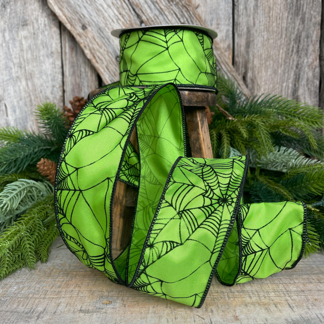 Lime Green Spider Web Ribbon - Wired Halloween Decor, 2.5"