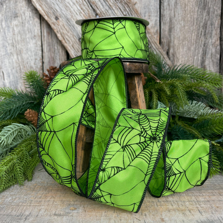 Lime Green Spider Web Ribbon - Wired Halloween Decor, 2.5"
