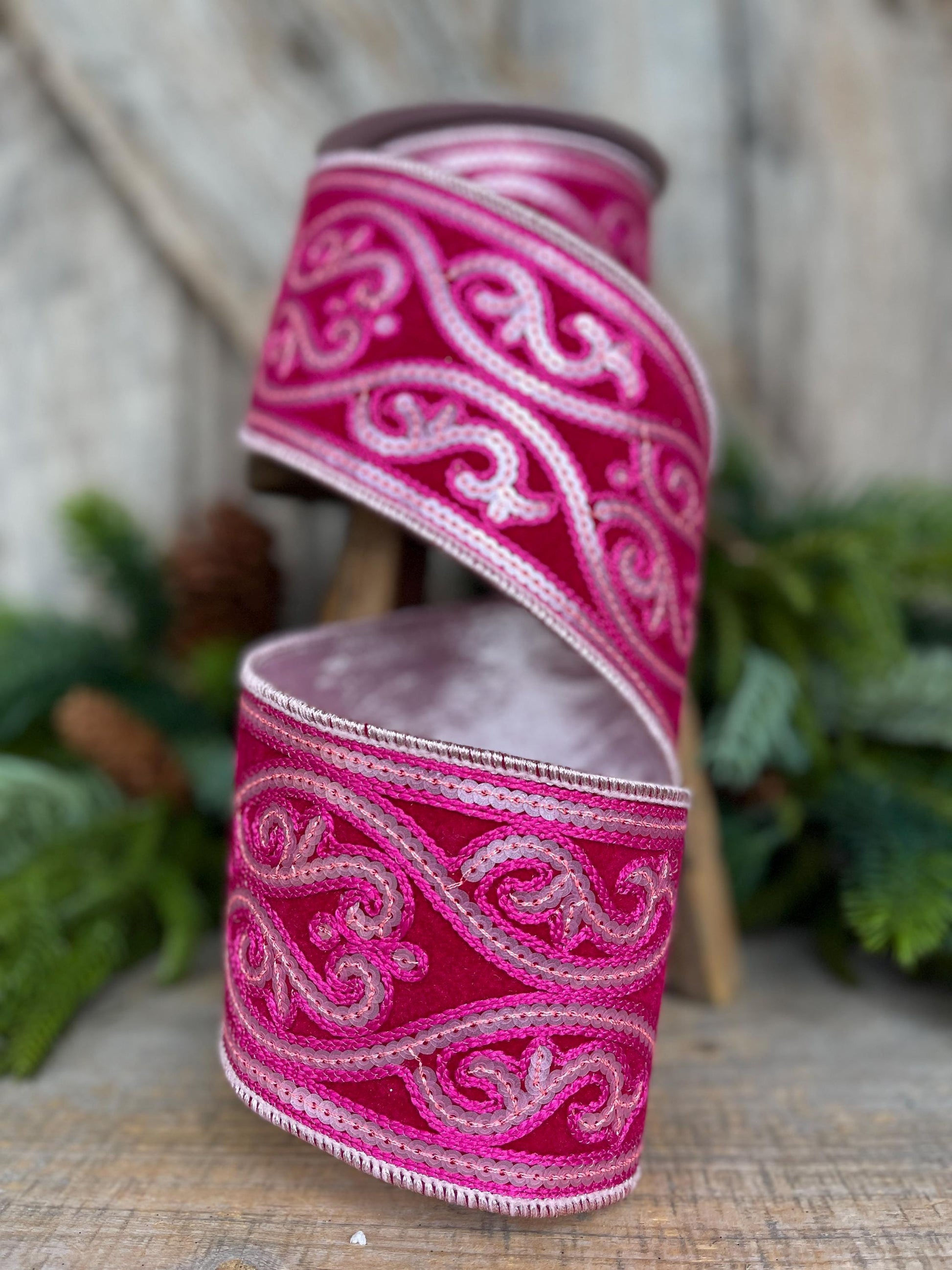 4" Hot Pink Sequin Ribbon, Farrisilk Ribbon, Morris Tapestry Ribbon