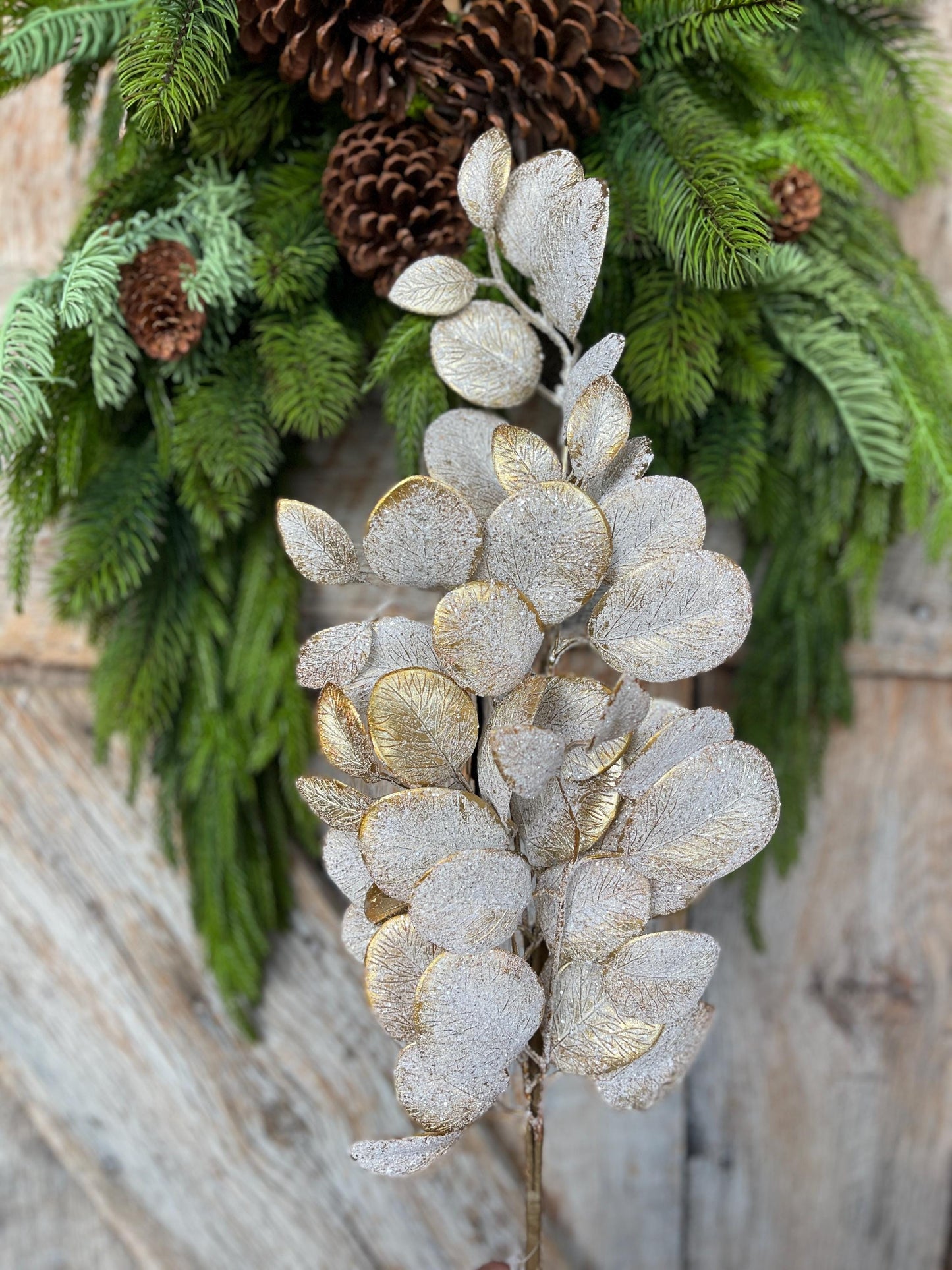 29" Gold Eucalyptus Spray, Christmas Eucalyptus Spray, Frosted Eucalyptus