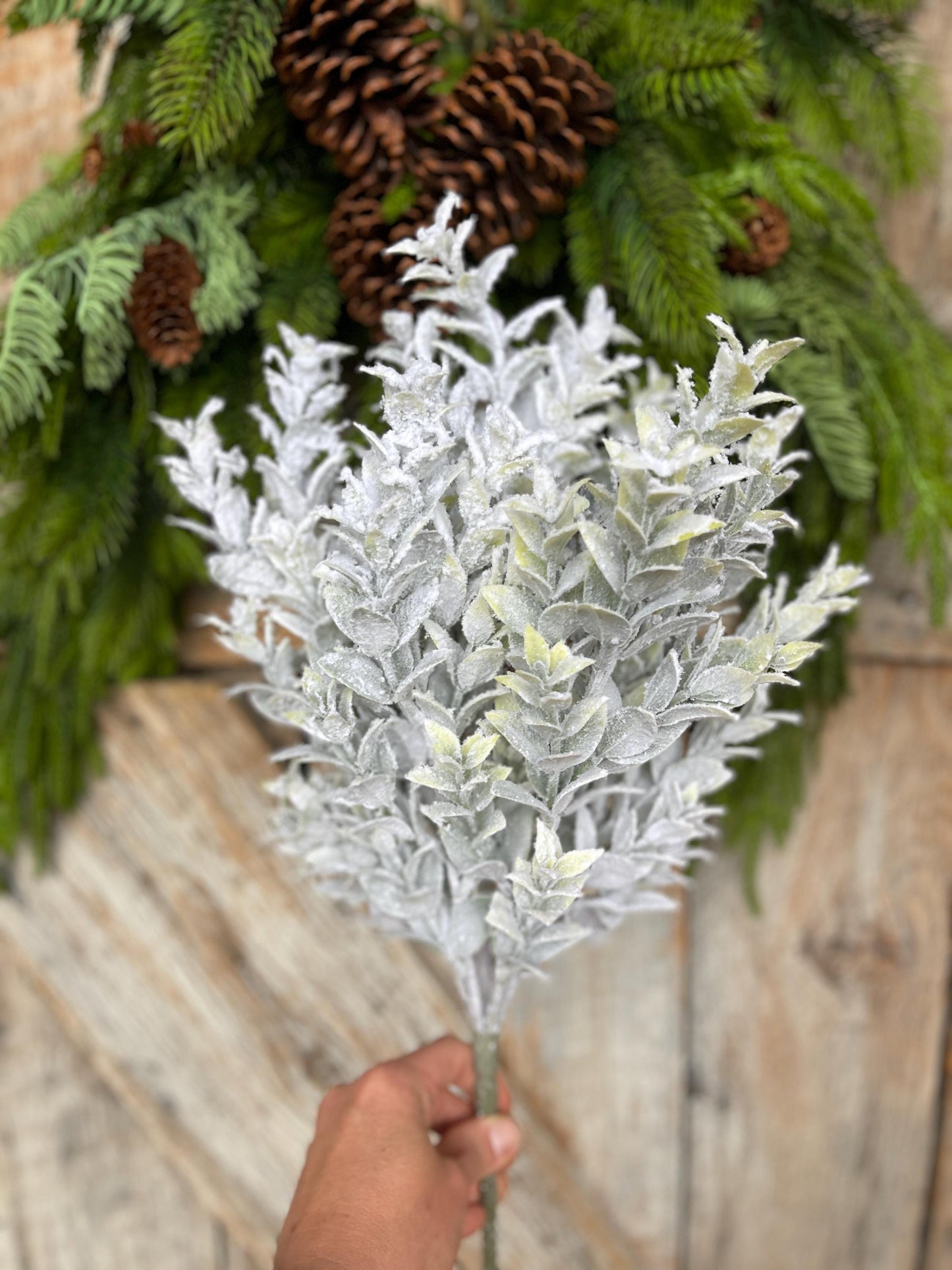 18" White Flocked Tea Leaf Greenery Bush, Christmas Greenery Bush