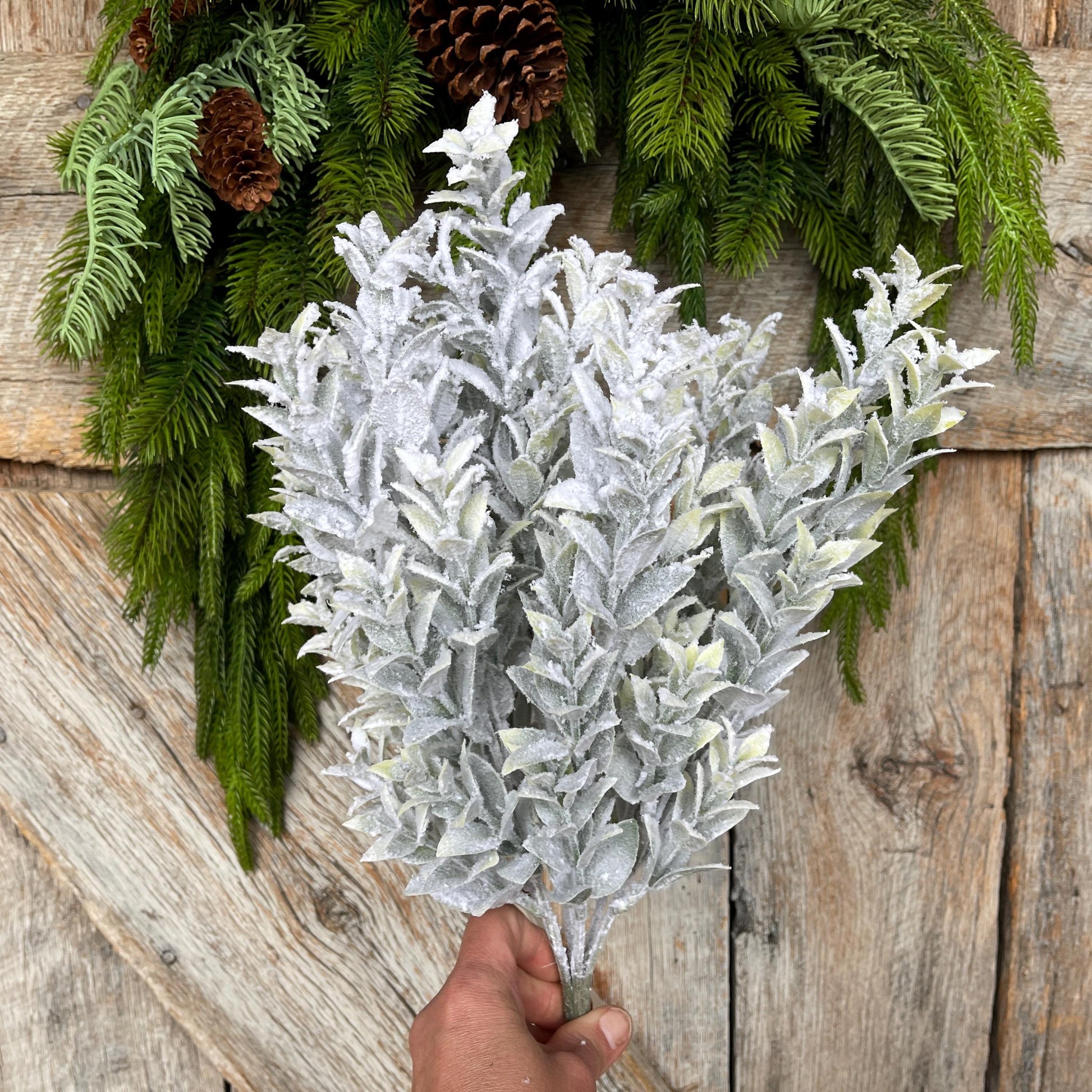 18" White Flocked Tea Leaf Greenery Bush, Christmas Greenery Bush