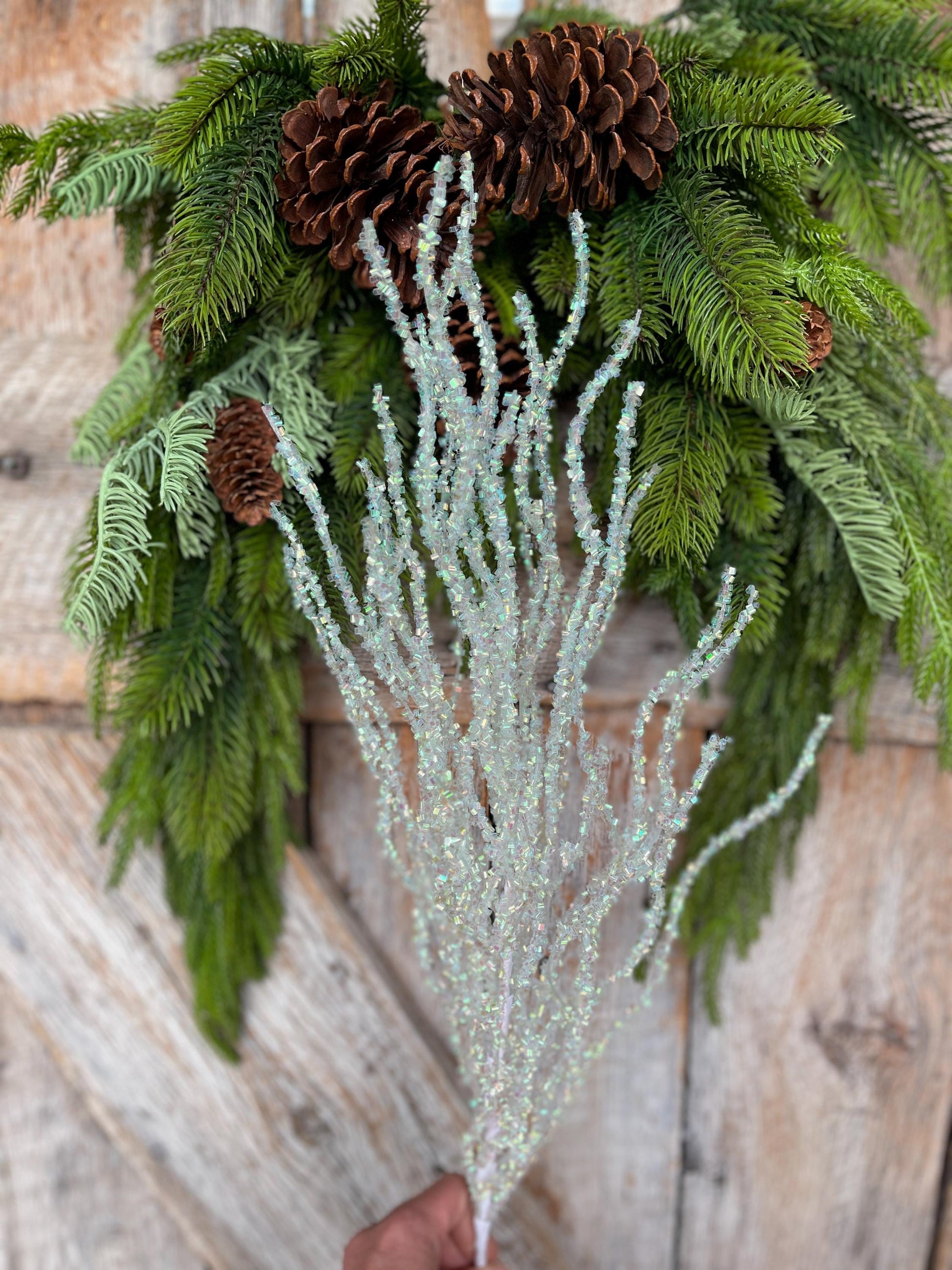 33" White Iridescent Twig Spray, Christmas Tree Topper Spray