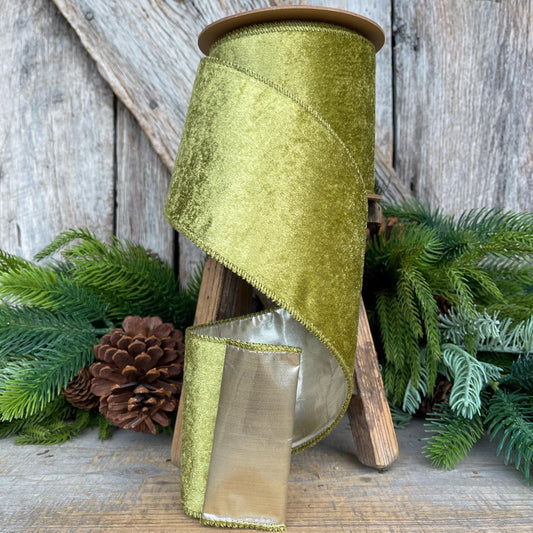 4" Moss Green Velvet, Designer Ribbon, Christmas Ribbon, Velvet Ribbon, Wreath Supply, Craft Supply, Olive Green Wired Ribbon