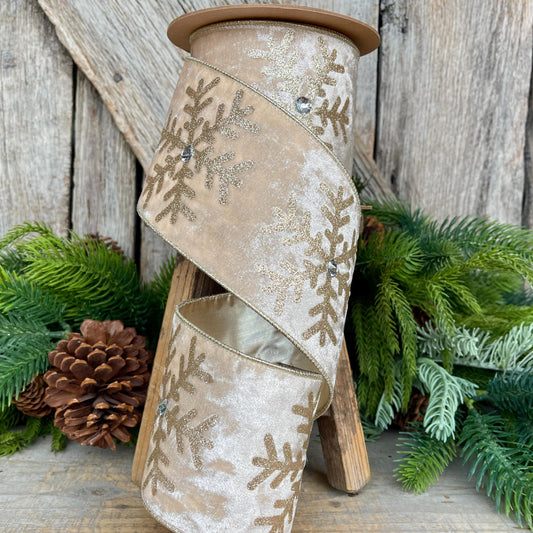 Ivory Velvet Snowflake Ribbon, Ivory Gold Ribbon, Christmas Ribbon, 4" x 10yds