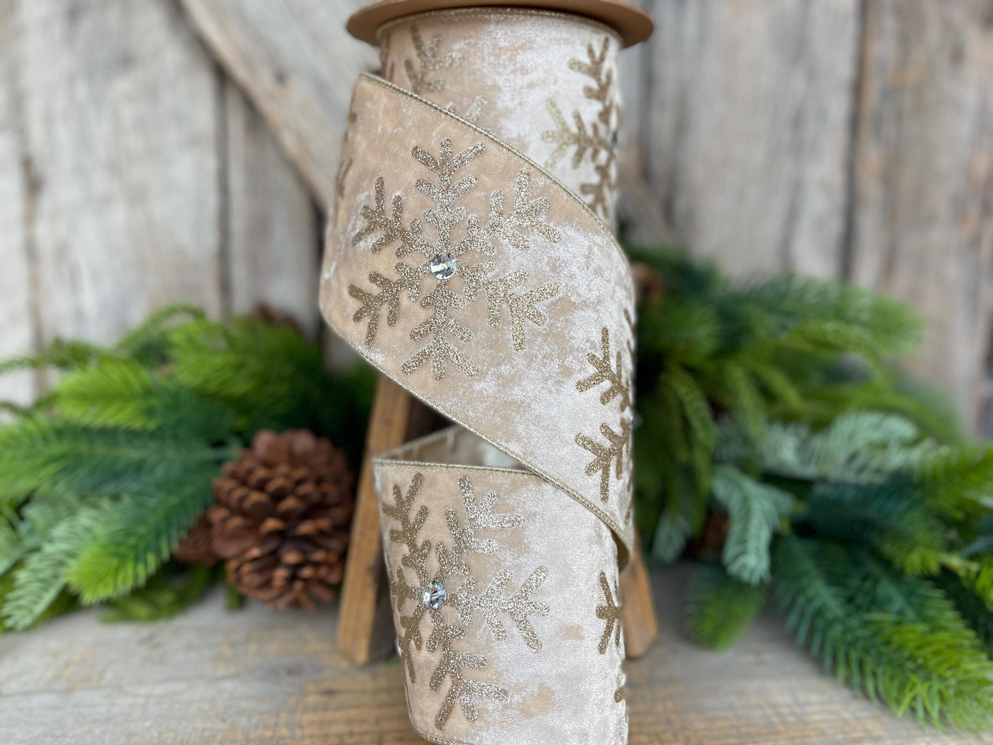 Ivory Velvet Snowflake Ribbon, Ivory Gold Ribbon, Christmas Ribbon, 4" x 10yds