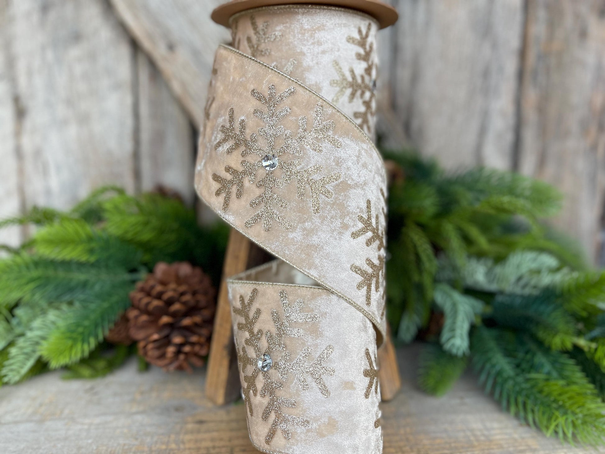 Ivory Velvet Snowflake Ribbon, Ivory Gold Ribbon, Christmas Ribbon, 4" x 10yds