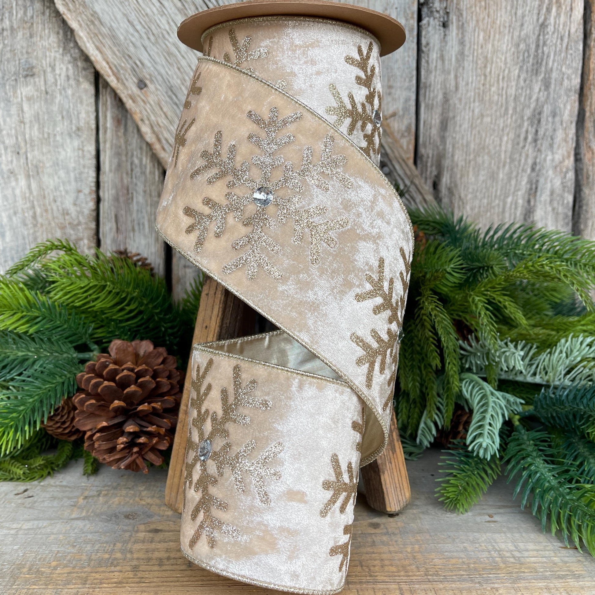 Ivory Velvet Snowflake Ribbon, Ivory Gold Ribbon, Christmas Ribbon, 4" x 10yds