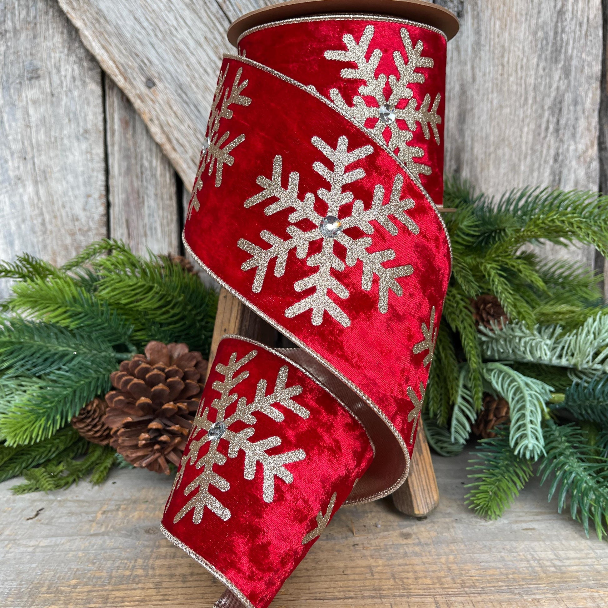 Red Velvet Snowflake Ribbon, Red Gold Ribbon, Christmas Ribbon