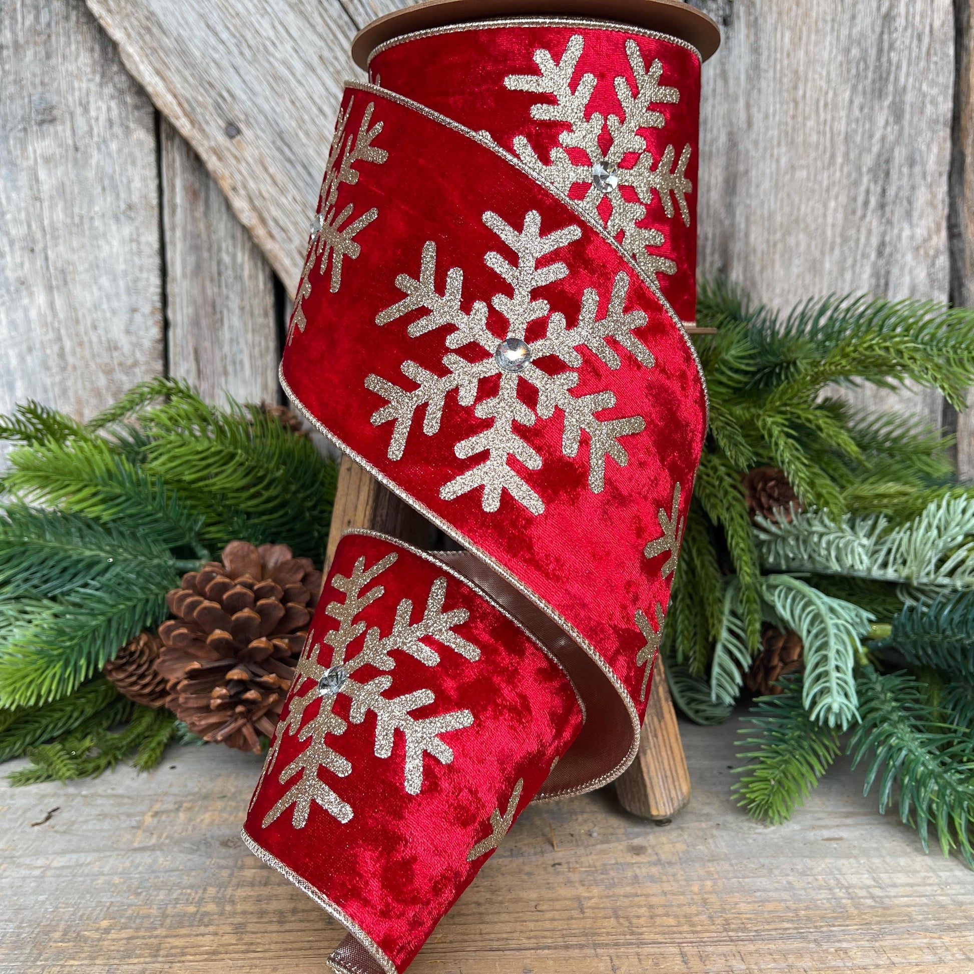 Red Velvet Snowflake Ribbon, Red Gold Ribbon, Christmas Ribbon